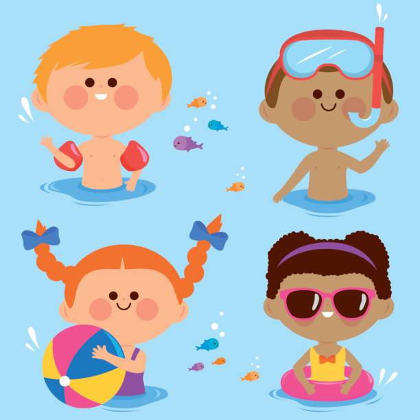 어린이 수영입니다. 벡터 컬렉션 - beach ball swimming pool ball child stock illustrations