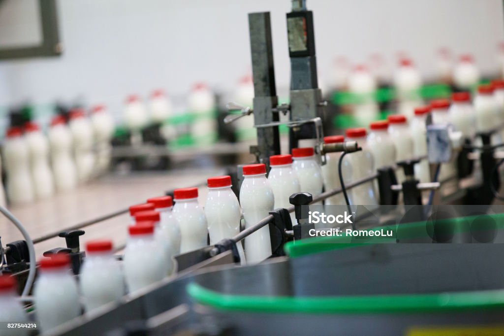 Milk bottles in a milk factory dairy factory Milk Stock Photo