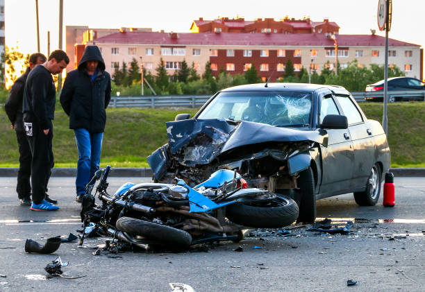 Accident with the cyan bike and car Novyy Urengoy, Russia - July 10, 2017: Accident with the cyan bike and car Lada 110 in the city street. misfortune stock pictures, royalty-free photos & images