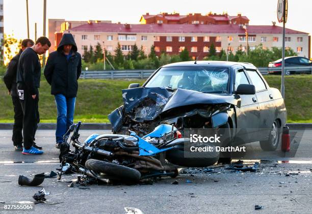 Accident With The Cyan Bike And Car Stock Photo - Download Image Now - Motorcycle, Crash, Misfortune