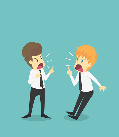 Two Businessmen confrontation, conflict and cussing..Business young cartoon of badly fail concept is man character.View businessman emotions moving include icon of man.Illustration Vector