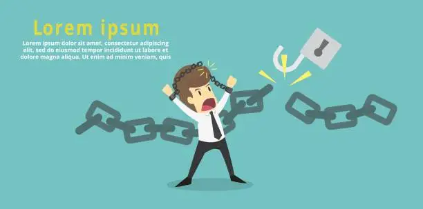 Vector illustration of Businessman ut the chain and free himself from debt.Financial freedom .Business young cartoon of success concept is man character.businessman emotions moving include icon of man.Vector Illustration