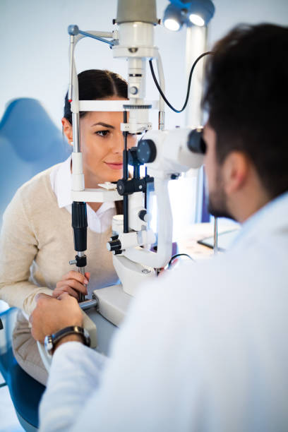 Female patient having eye examination stock photo