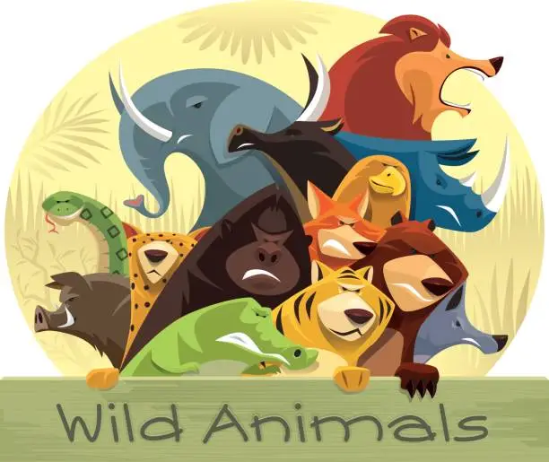 Vector illustration of group of angry wild animals