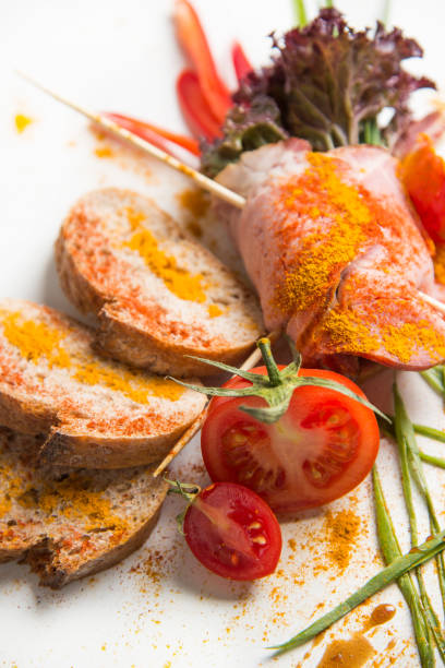 cold boiled pork with tomatoes on a white background - ravena imagens e fotografias de stock