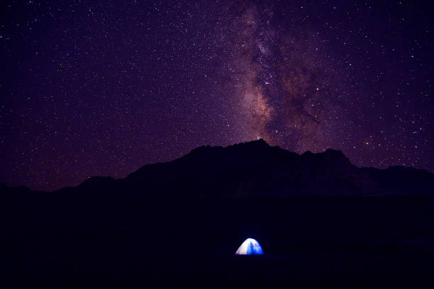 Milky way star shining with illuminated tent at Himalayan mountains