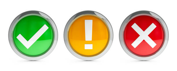 Buttons tick & cross & exclamation point isolated on white background represent web security concept, three-dimensional rendering, 3D illustration