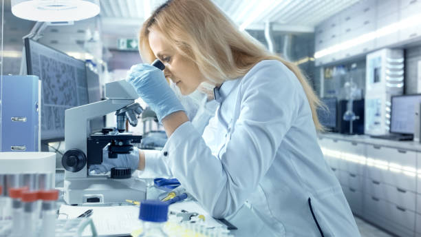 istock Female Research Scientist Looks at Biological Samples Under Microscope. She and Her Colleagues Work in a Big Modern Laboratory. 827572822
