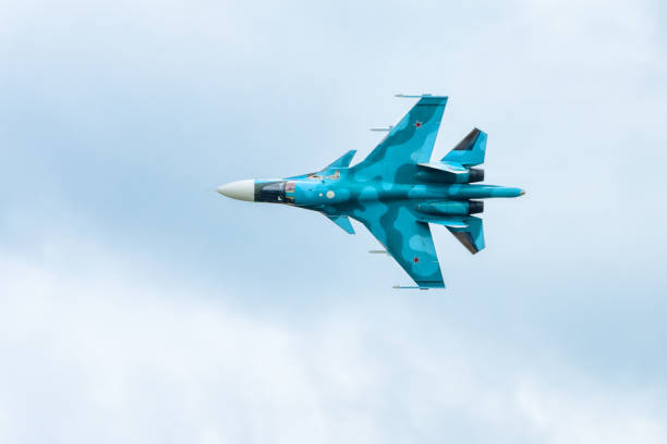 Modern Russian strike fighter Sukhoi Su-34 at MAKS-2017 Moscow Region - July 21, 2017: Modern Russian fighter-bomber Sukhoi Su-34 at the International Aviation and Space Salon (MAKS) in Zhukovsky. moscow international air show stock pictures, royalty-free photos & images