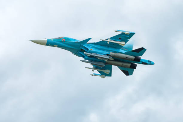 Modern Russian fighter-bomber Sukhoi Su-34 Moscow Region - July 21, 2017: Modern Russian fighter-bomber Sukhoi Su-34 at the International Aviation and Space Salon (MAKS) in Zhukovsky. moscow international air show stock pictures, royalty-free photos & images