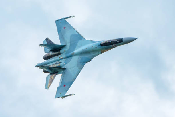 Modern Russian strike fighter Sukhoi Su-35 Moscow Region - July 21, 2017: Modern Russian strike fighter Sukhoi Su-35 at the International Aviation and Space Salon (MAKS) in Zhukovsky. moscow international air show stock pictures, royalty-free photos & images