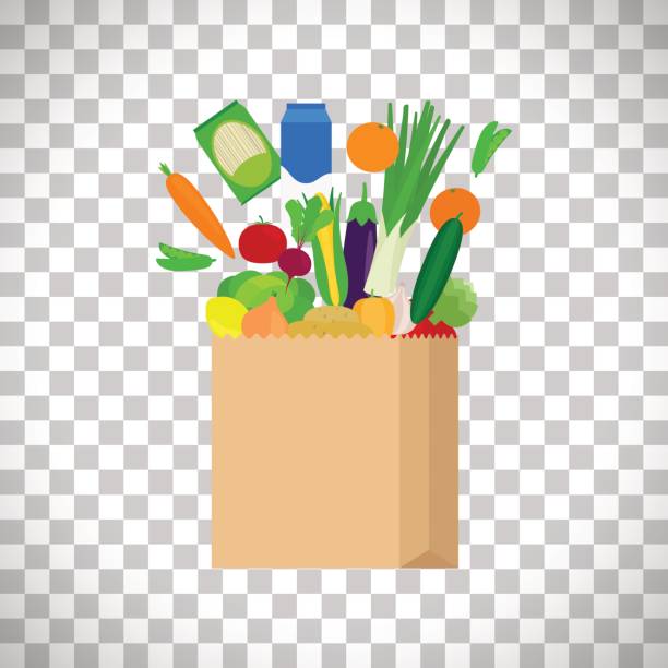 ilustraciones, imágenes clip art, dibujos animados e iconos de stock de bolsa de papel con alimentos frescos - food bread groceries basket