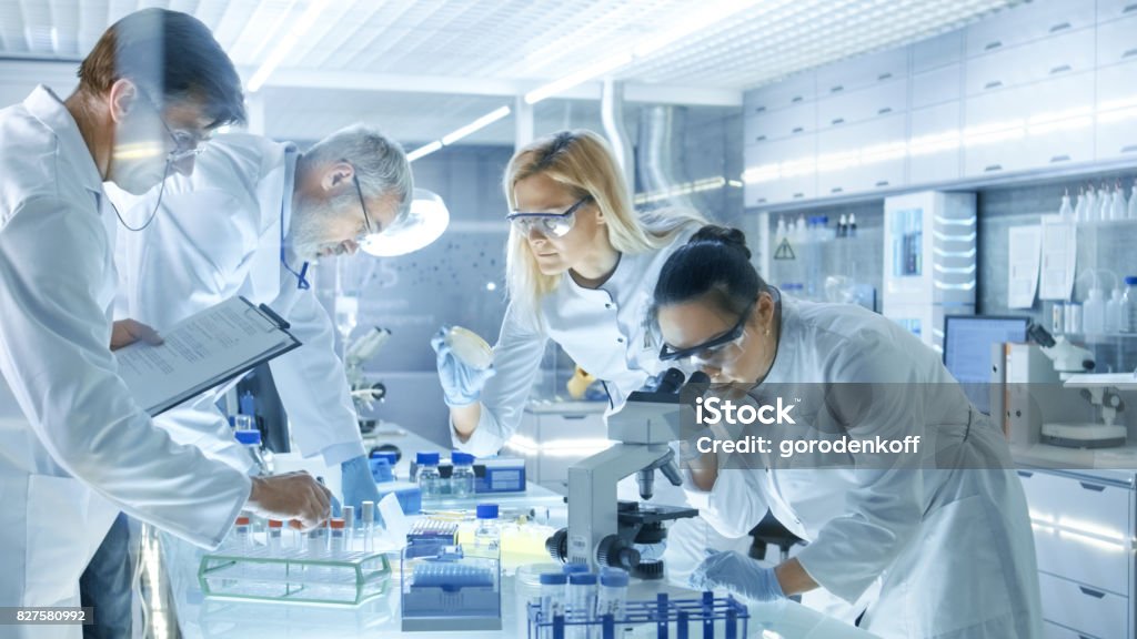 Un team di scienziati della ricerca medica lavora su una cura delle malattie di nuova generazione. Usano microscopio, provette, micropipette e risultati di analisi di scrittura. Il laboratorio sembra occupato, luminoso e moderno. - Foto stock royalty-free di Scienziato