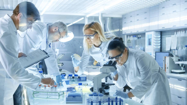 istock Team of Medical Research Scientists Work on a New Generation Disease Cure. They use Microscope, Test Tubes, Micropipette and Writing Down Analysis Results. Laboratory Looks Busy, Bright and Modern. 827580992