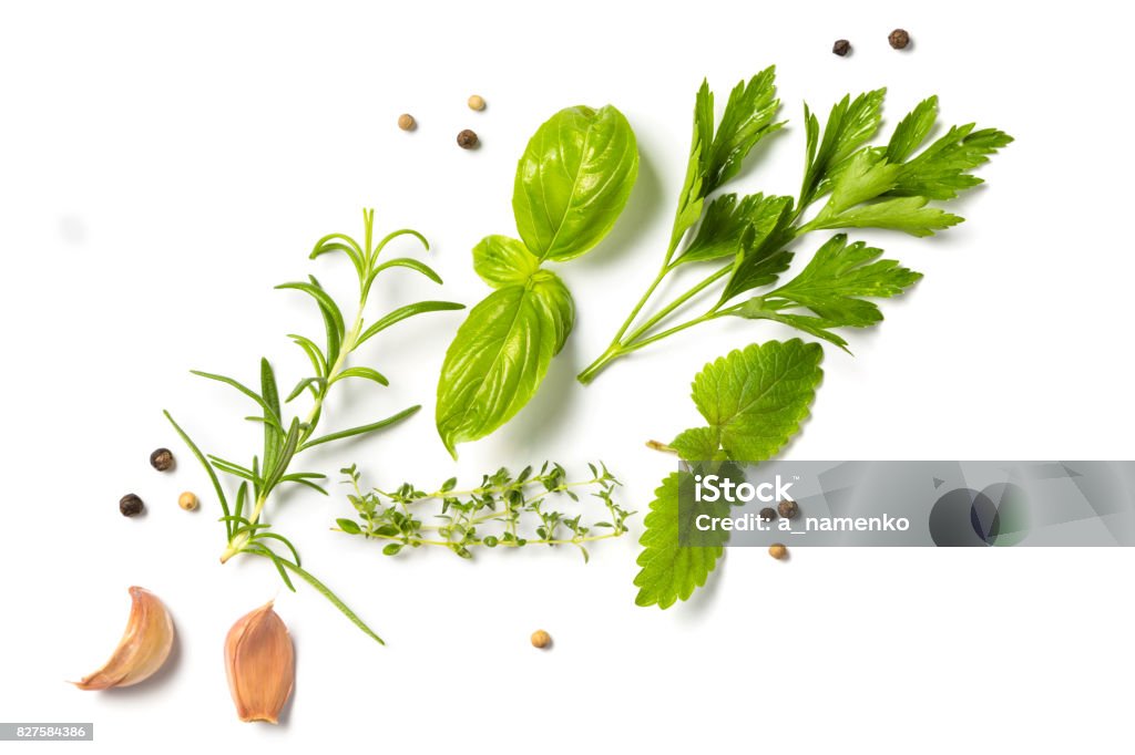 Selectionof herbs and spices, isolated Selectionof herbs and spices, isolated, top view Herb Stock Photo