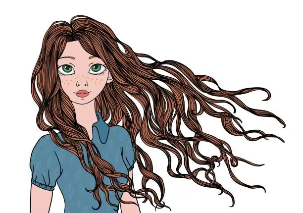 Vector illustration of A young girl with long waving in the wind hair. Vector portrait illustration, isolated on white.