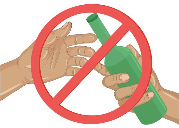 istock Stop the alcohol. A man offers a drink, holding a bottle in his hand.  Vector.Prohibiting red sign 827593044