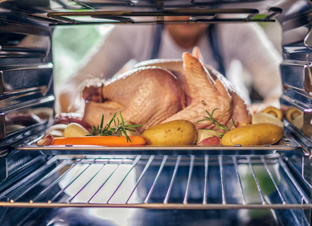 istock Woman Putting turkey Into Oven 827599736