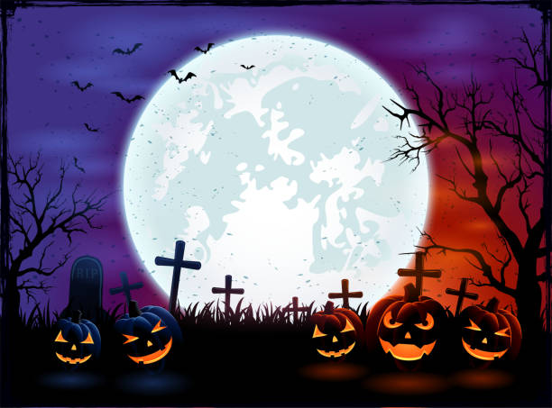 halloweenowe tło z dużym księżycem i dyniami - cemetery halloween moon spooky stock illustrations