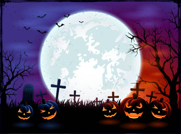 Halloween background with big Moon and pumpkins Halloween theme with big Moon and pumpkins on dark night background, illustration. halloween pumpkin jack o lantern horror stock illustrations