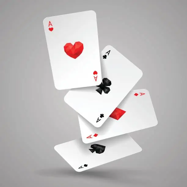 Vector illustration of Set of four aces playing cards fly or fall. Winning poker hand