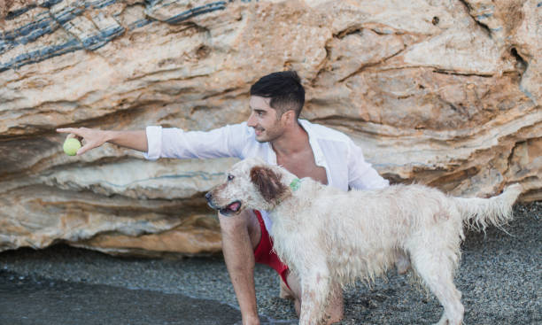 Man playing with his dog on the beach
