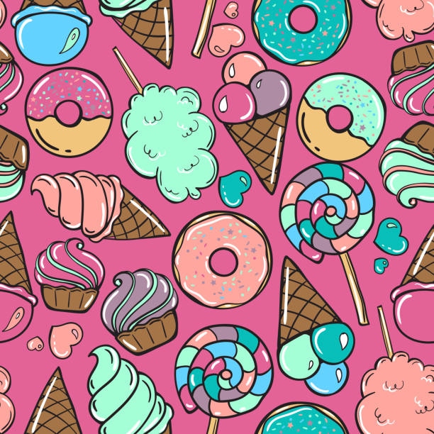 Seamless pattern with candy, donuts sweet icecream and other elements On pink background Seamless pattern with candy, donuts sweet icecream and other elements. Vector background in comic style. child cotton candy stock illustrations