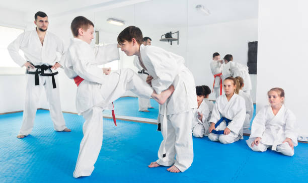 istock Pair of boys practicing new karate moves 827623580
