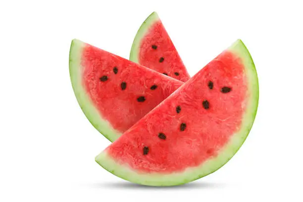 Three slices of fresh watermelon isolated on white background. An isolated object.