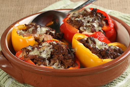 baked red peppers with vegetarian miince oniion and cheese