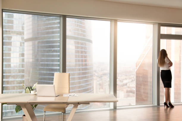 istock Modern office interior with female silhouette standing at full-length window 827627342