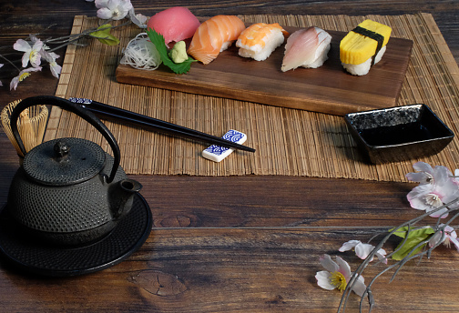 Sushi Rolls Buffet. Japanese food image.