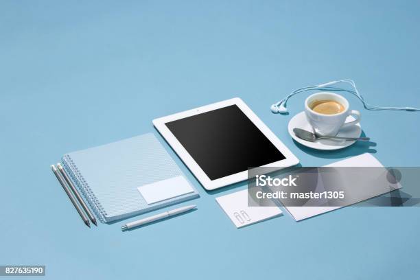 The Laptop Pens Phone Note With Blank Screen On Table Stock Photo - Download Image Now