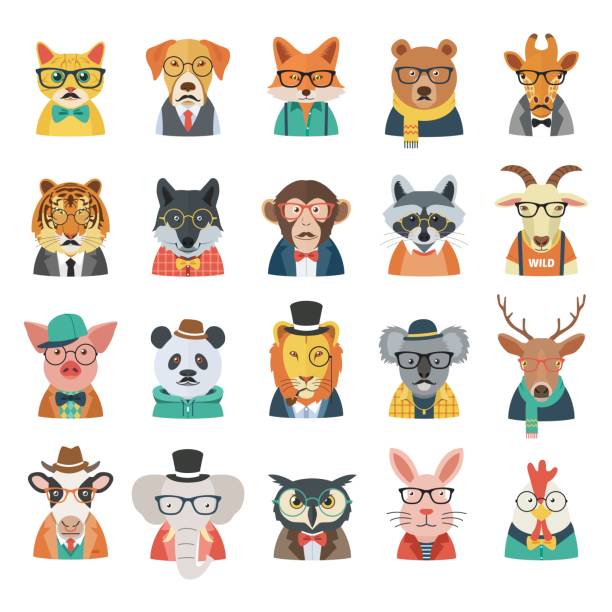 hipster-tier-set - deer portrait stock-grafiken, -clipart, -cartoons und -symbole