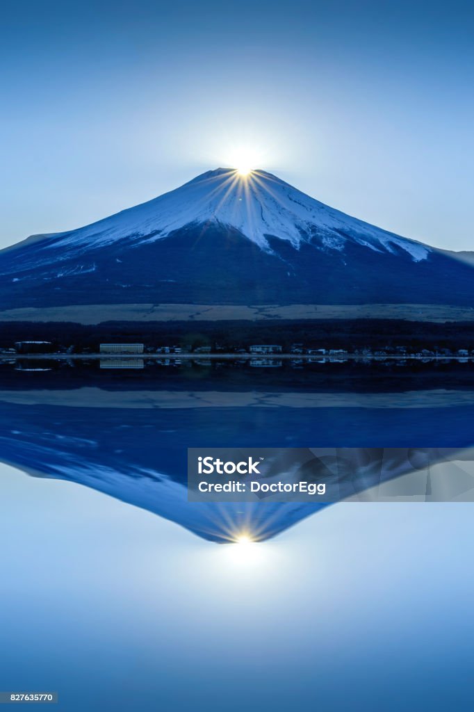 Double Diamond Fuji Mountain at Yamanaka Lake Sunset on the top of fuji mountain withReflection Mt. Fuji Stock Photo