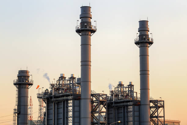 istock Gas turbine electrical power plant with sunset 827638854