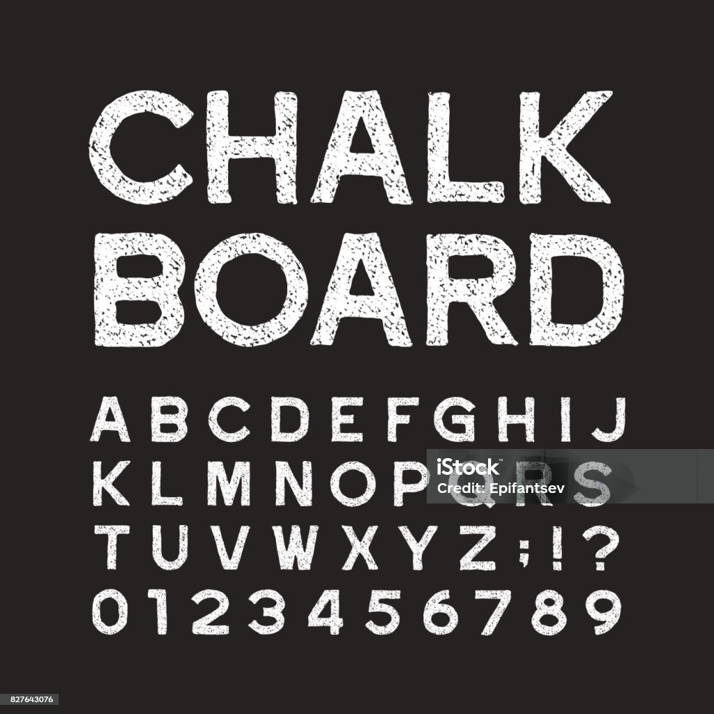 Chalk board alphabet font. Distressed vintage letters and numbers. Chalk board alphabet font. Distressed vintage letters and numbers on a dark background. Vector typeface for your design. Typescript stock vector