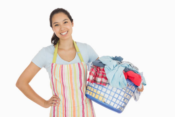 Cheerful Young Woman Carry Laundry Basket Stock Photos, Pictures ...