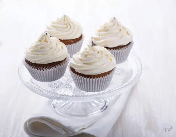 Homemade cupcakes with creamcheese frosting on cake stand on light background