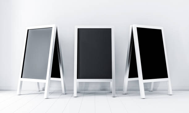 istock Three metal blackboards, blank metallic outdoor sign board mockup set 827646066