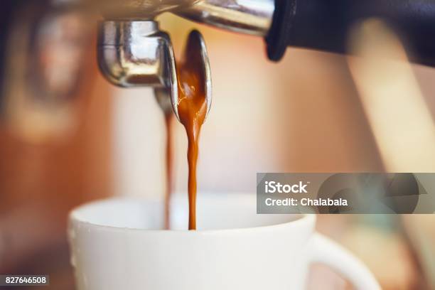 Prepartion Of The Espresso Coffee Stock Photo - Download Image Now - Espresso Maker, Coffee - Drink, Pouring