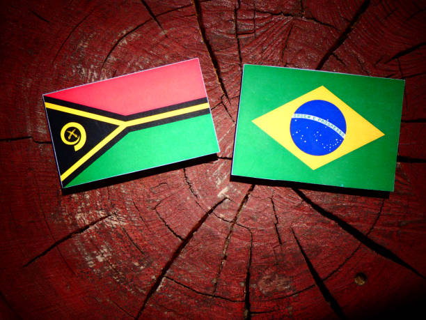 istock Vanuatu flag with Brazilian flag on a tree stump isolated 827654052