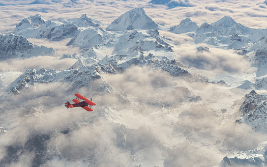 Aircraft flies over a snowy mountain range. This is a 3d render illustration