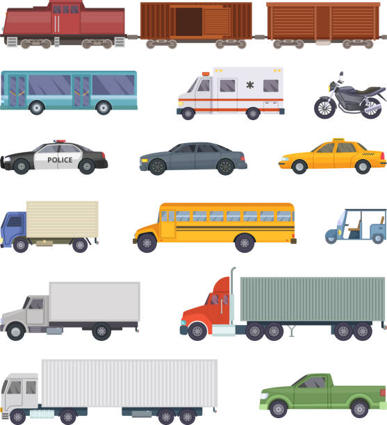 illustrazioni stock, clip art, cartoni animati e icone di tendenza di illustrazione vettoriale di automobili, camion e motociclette isolate su bianco - transportation bus mode of transport public transportation