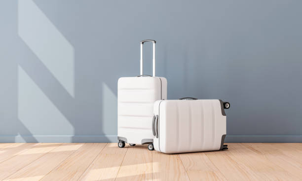 istock Two White Luggage mockup in empty room, Suitcase, baggage 827655452