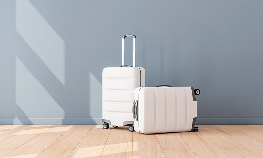 Two White Luggage mockup in empty room, Suitcase, baggage, 3d rendering