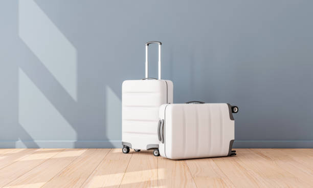 Two White Luggage mockup in empty room, Suitcase, baggage Two White Luggage mockup in empty room, Suitcase, baggage, 3d rendering luggage stock pictures, royalty-free photos & images