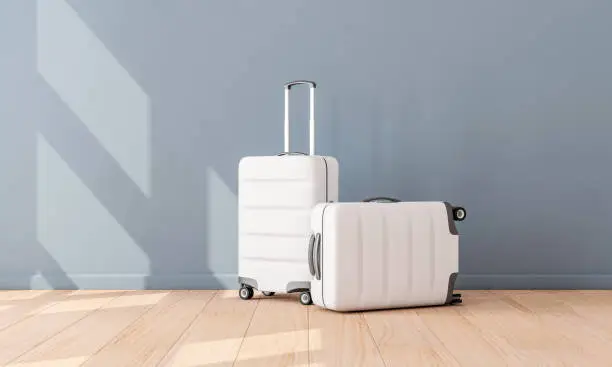 Photo of Two White Luggage mockup in empty room, Suitcase, baggage