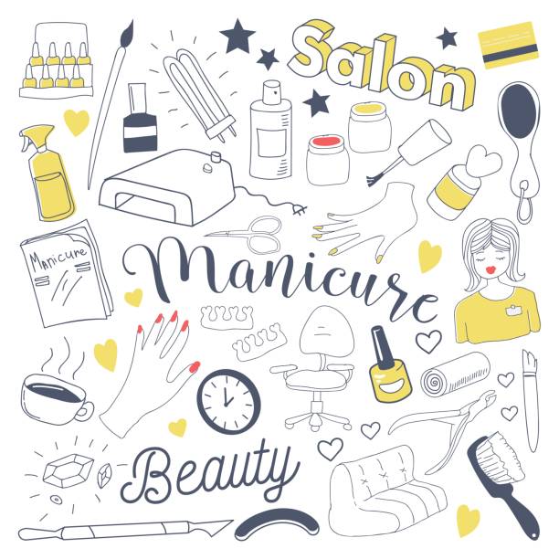 manicure i pedicure odręczny doodle. zestaw elementów ciągnie ręcznych salonu piękności - manicure stock illustrations