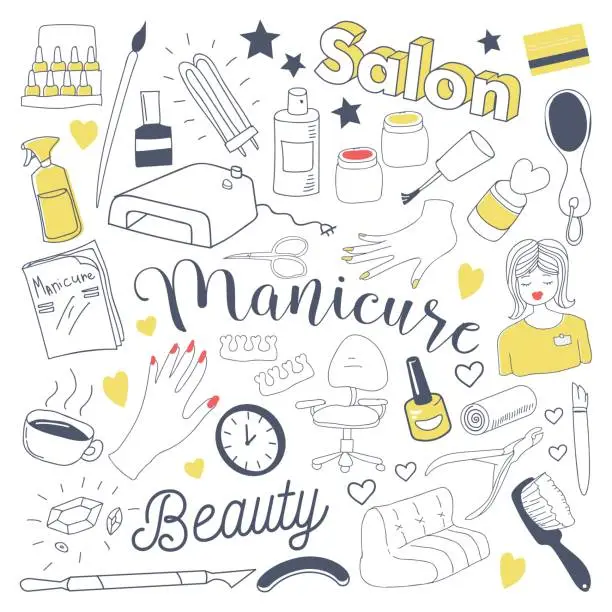 Vector illustration of Manicure and Pedicure Freehand Doodle. Beauty Salon Hand Drawn Elements Set